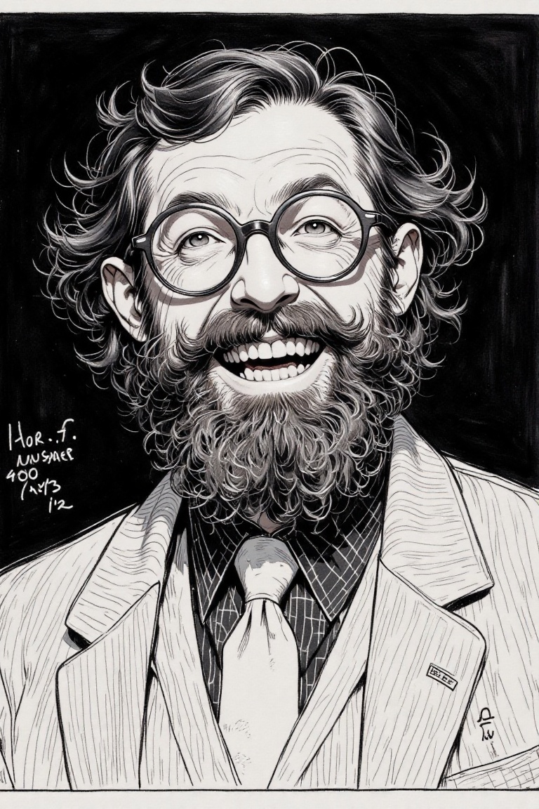 The image is a black-and-white sketch that appears to be a portrait of a man. The man is depicted with a full beard and mu...