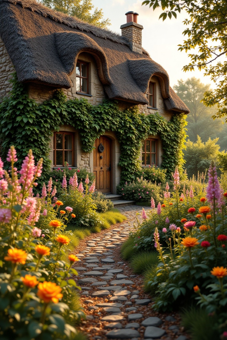 A rustic country house nestled in a sea of vibrant wildflowers,  framed by a wide-angle shot capturing the charming cottag...