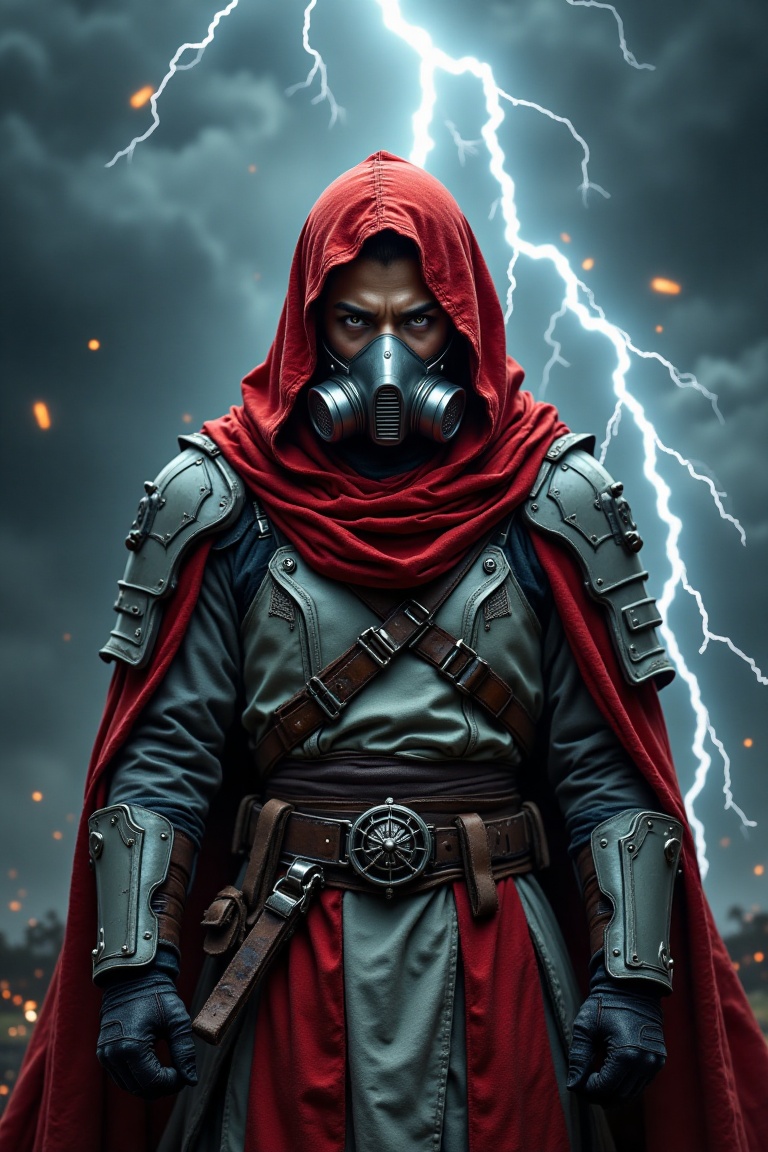 A warrior monk stands against a stormy background,  lightning illuminating the sky. They wear light gray tactical armor an...