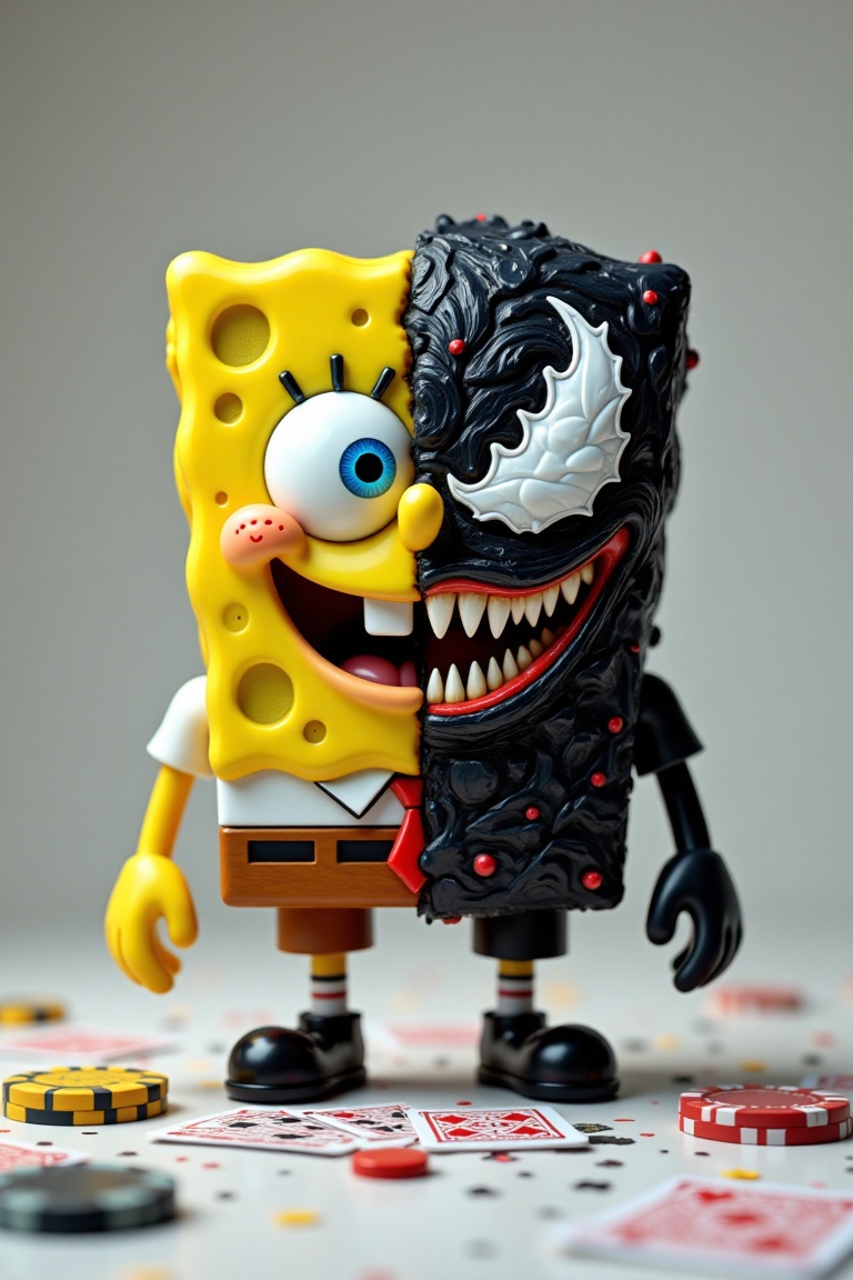 A 3D animated character stands against a clean,  minimal background,  split perfectly down the middle: SpongeBob’s vibrant...