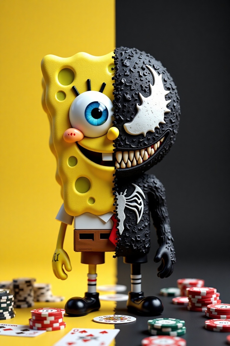 A 3D animated character stands against a clean,  minimal background,  split perfectly down the middle: SpongeBob’s vibrant...