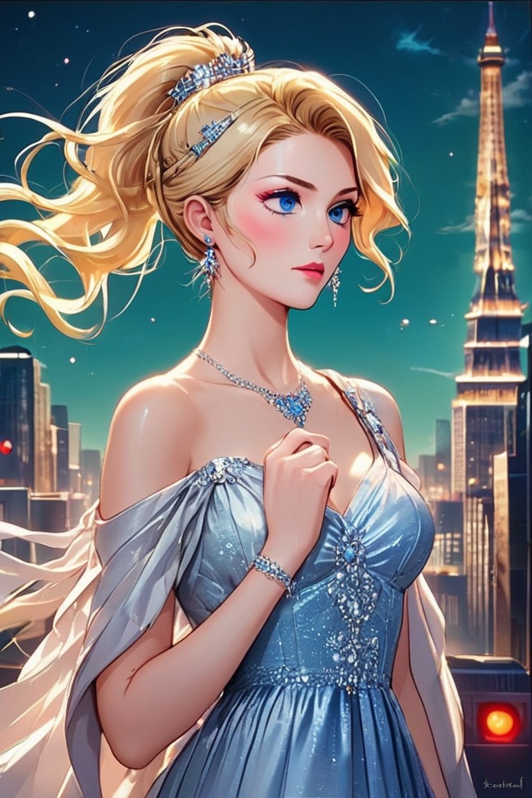 A confident blonde woman with piercing blue eyes and a chic ponytail confidently walks through the vibrant streets of Mosc...