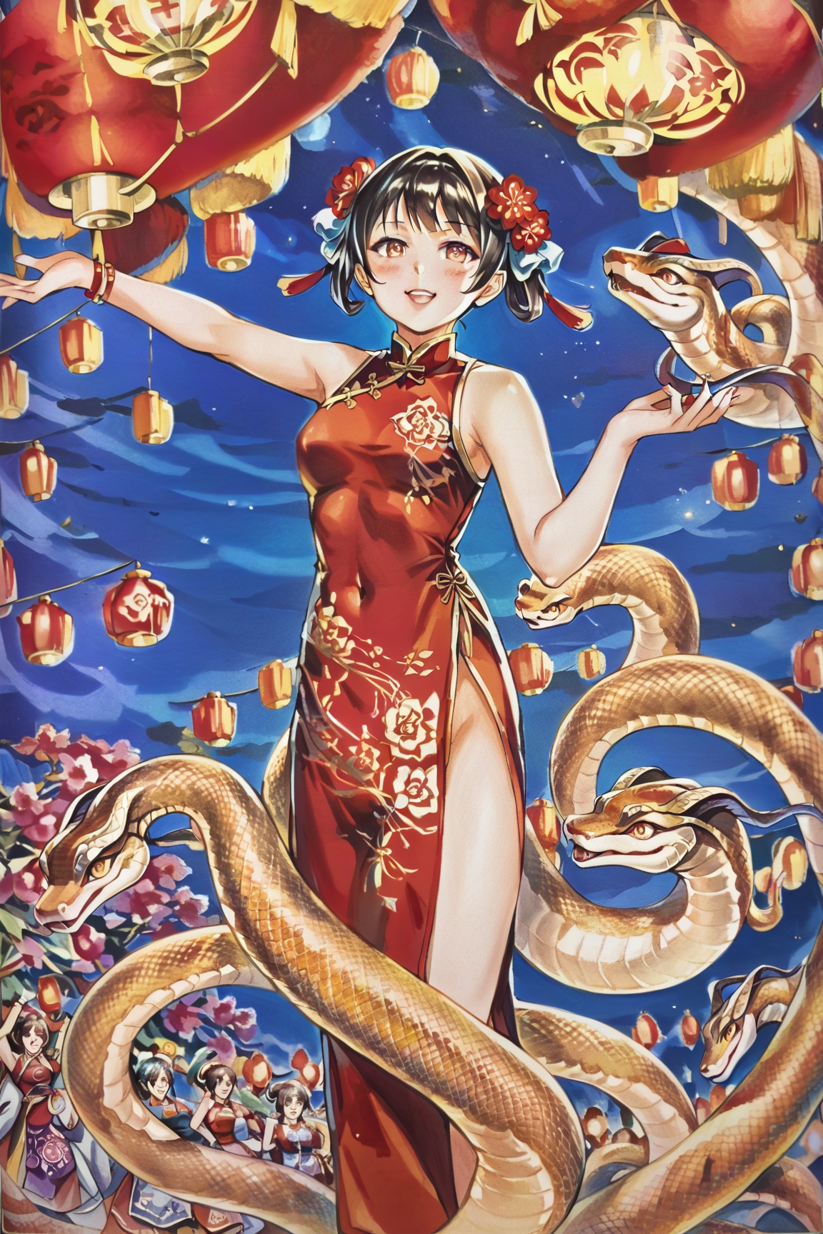 A beautiful and sexy Chinese woman,  wearing a luxurious red qipao with golden embroidery,  standing gracefully in a tradi...