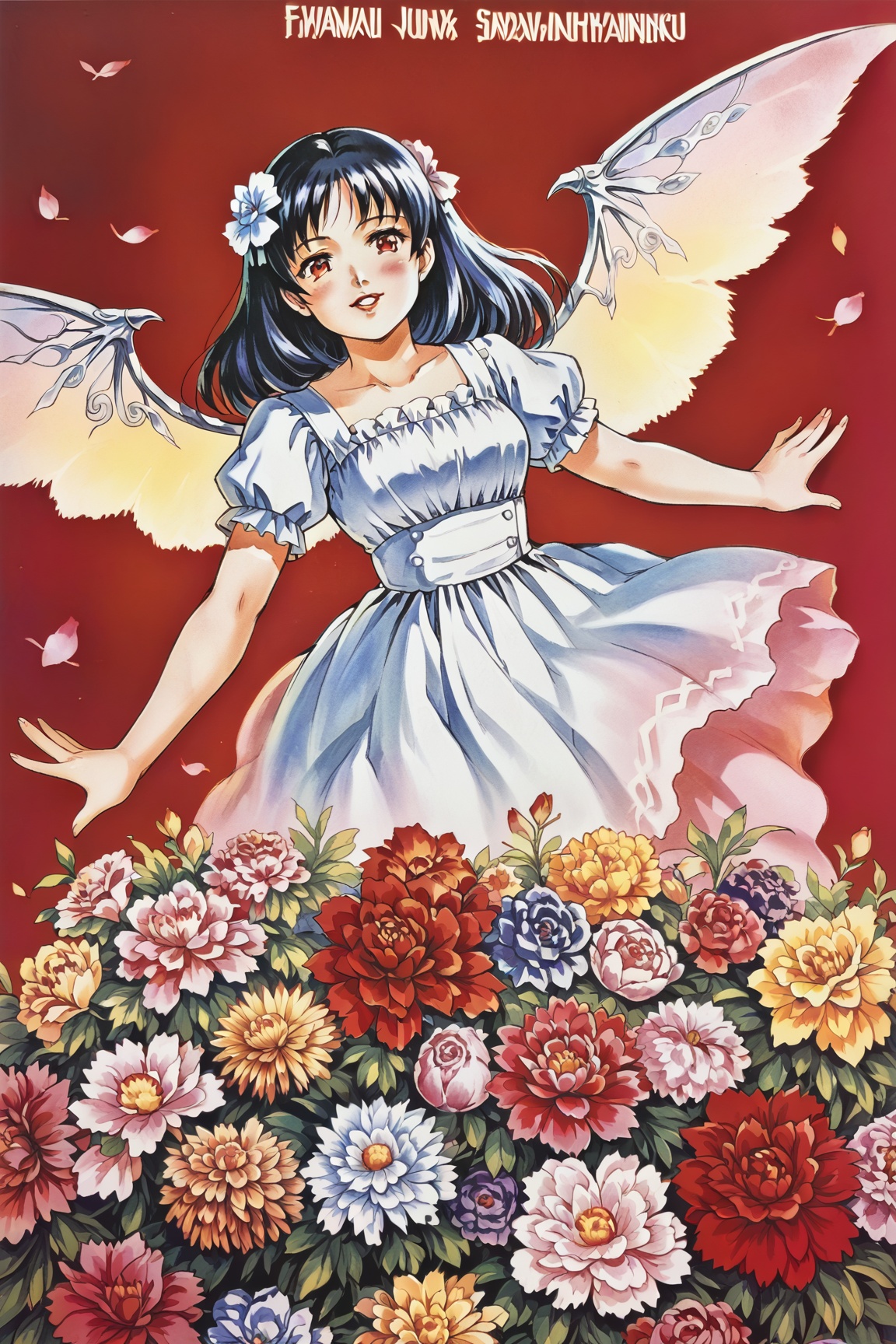 Spreading the petal wings,  a beautiful woman with her hair down with a bouquet of flowers,  1girl on Tensor.Art