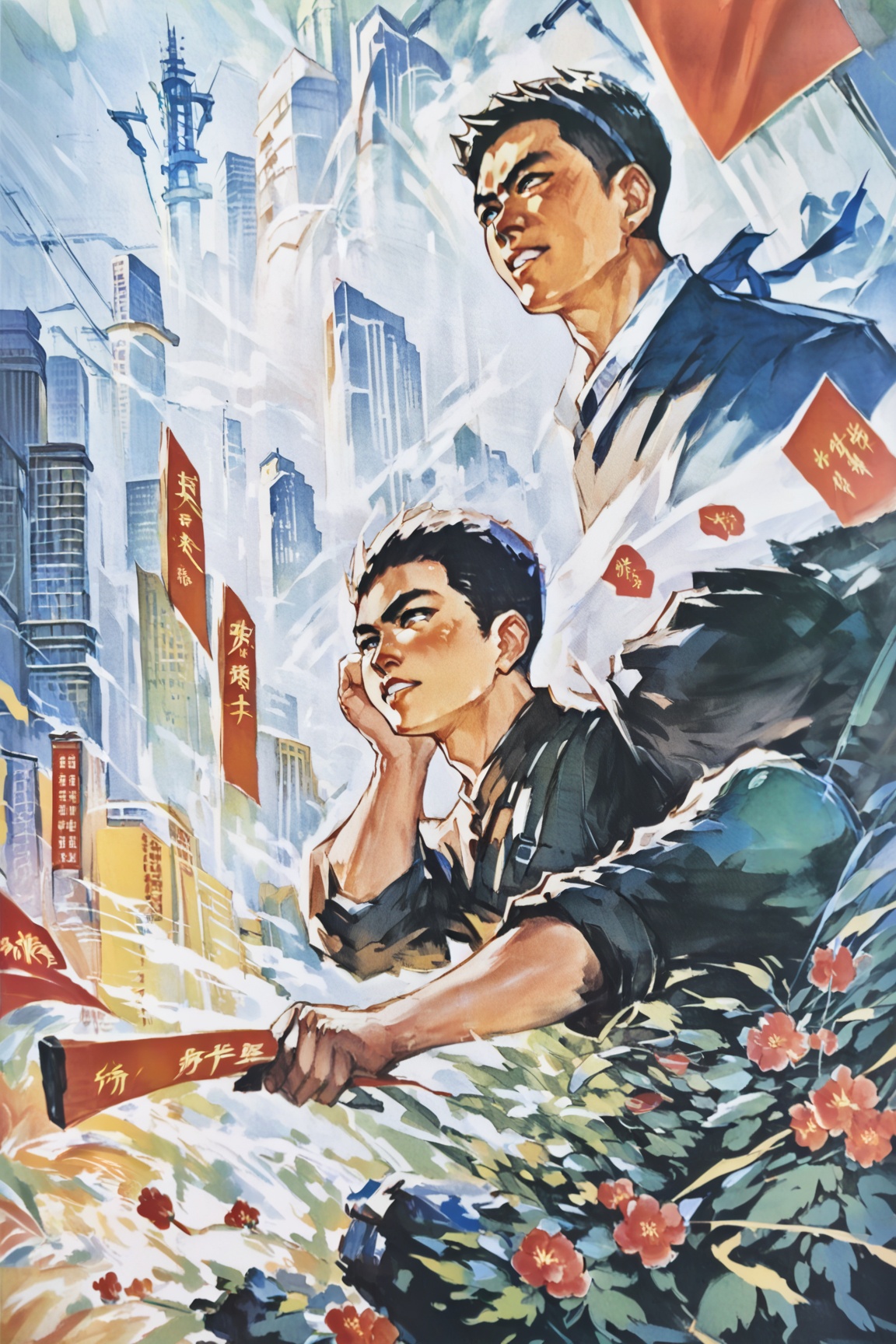 A man,  city,  chinese ccp art on Tensor.Art