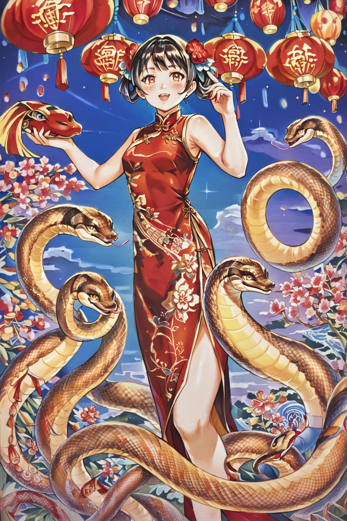 A beautiful and sexy Chinese woman,  wearing a luxurious red qipao with golden embroidery,  standing gracefully in a tradi...