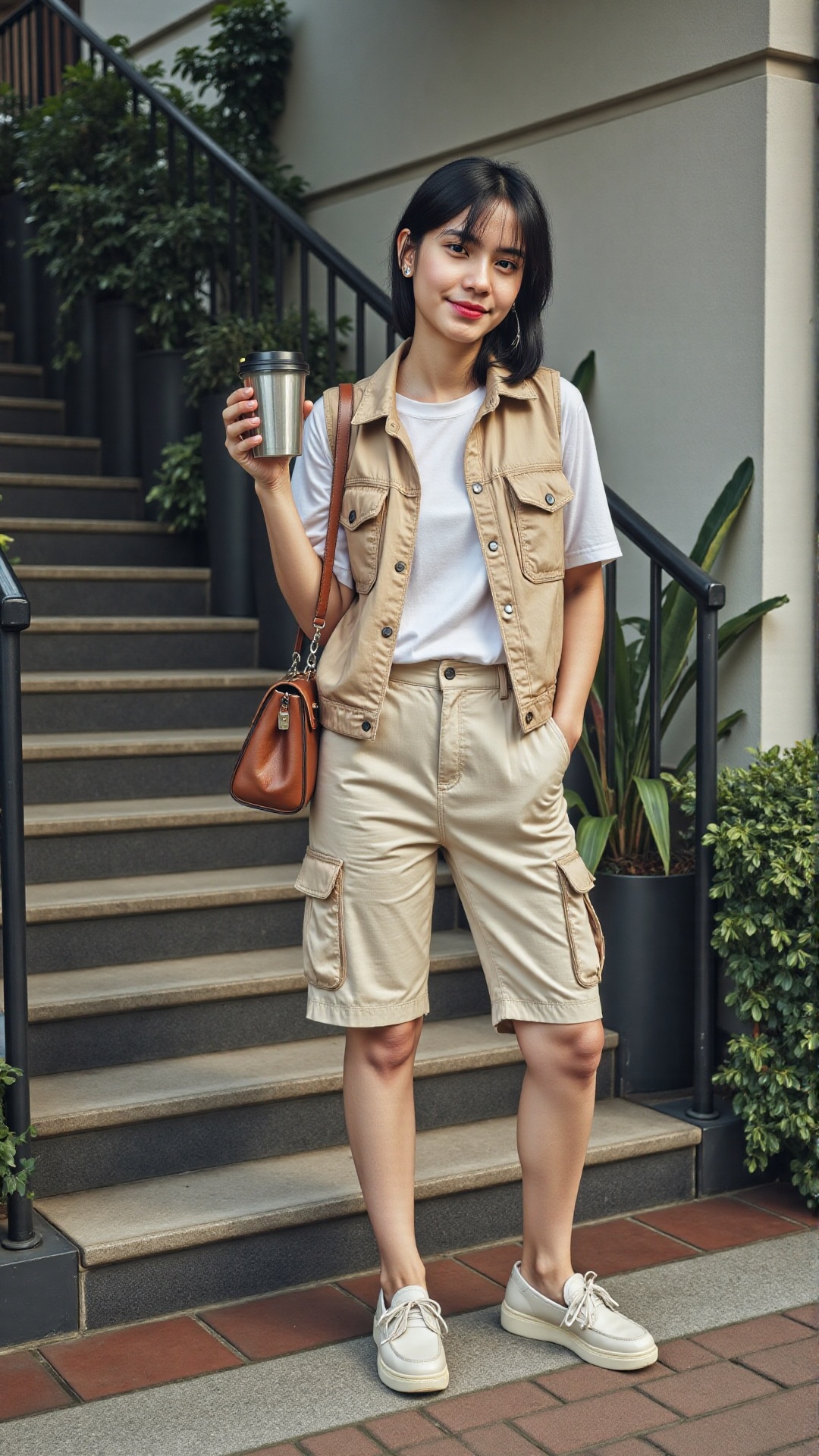 Defined as a model. She is wearing a cream vest with white tshirts inside and cream cargo shorts. Detailed with cream loaf...