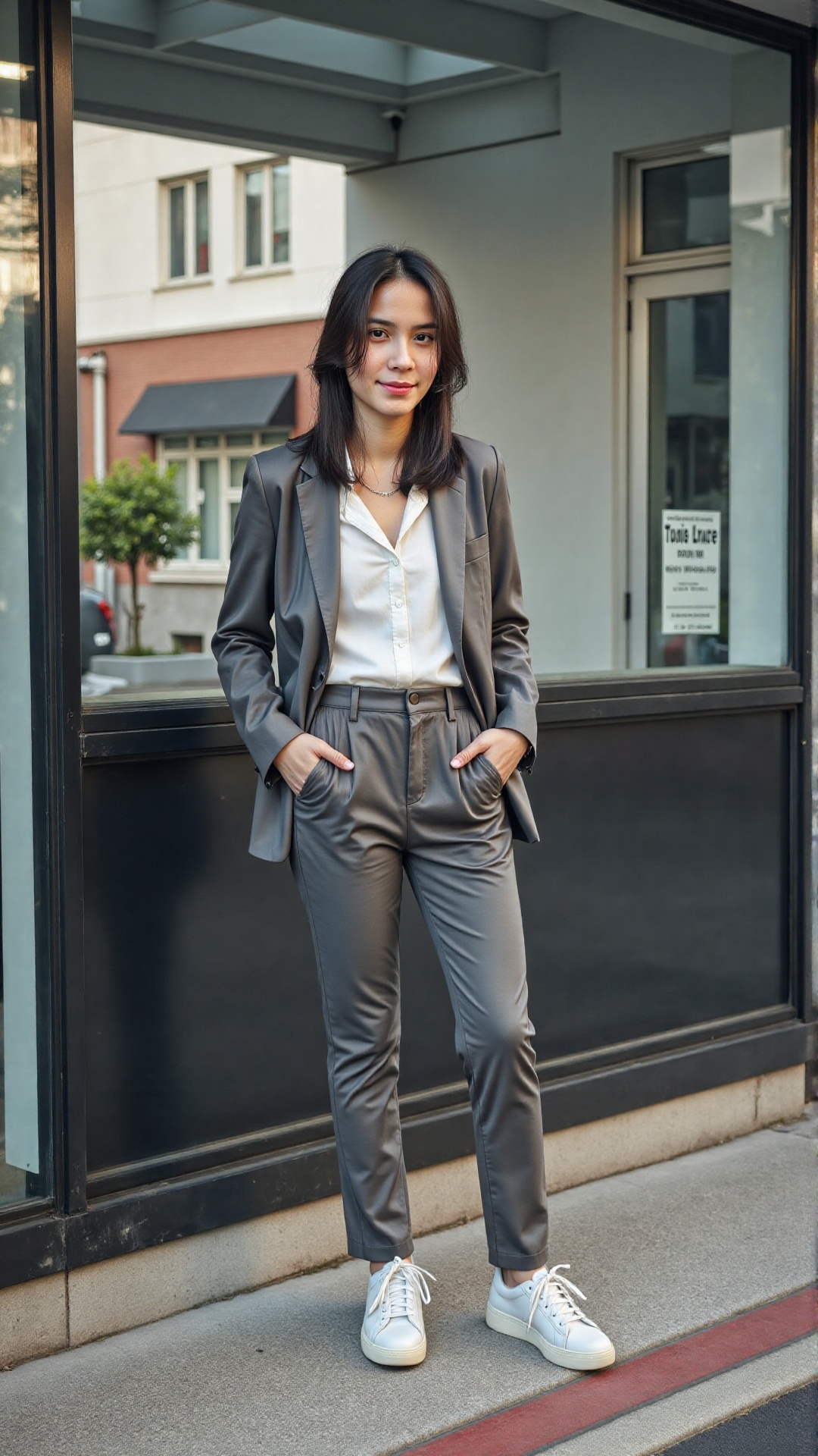 Defined as a model. She is wearing a grey blazer with white buttoned shirt inside and grey long pants with white sneakers...