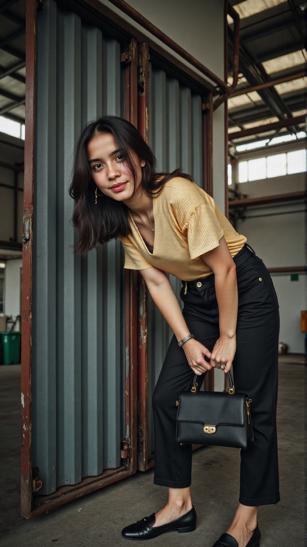 Defined as a model. She is wearing a soft yellow tshirts with white stripped pattern and black short pants. Black flat sho...