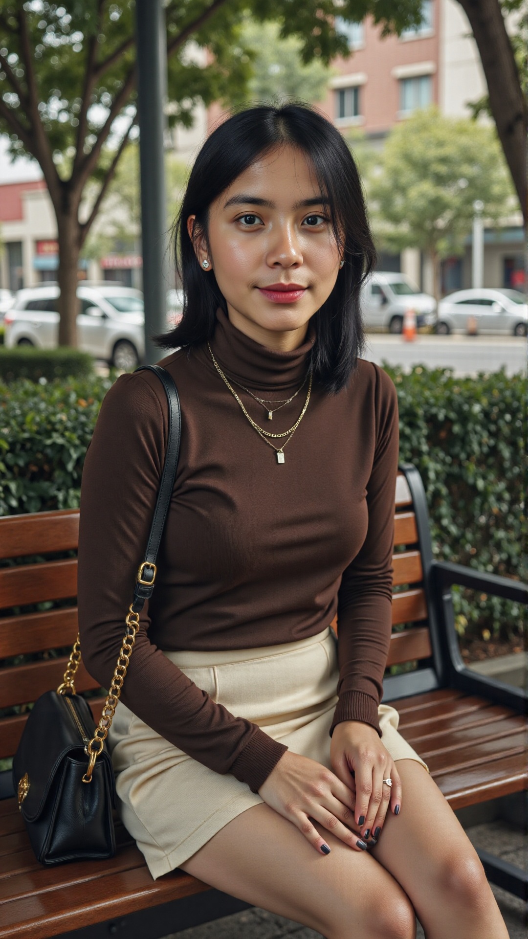 Defined as a model. She is wearing a brown knitted turtleneck top with cream mini skirt and brown leather loafer. A gold c...