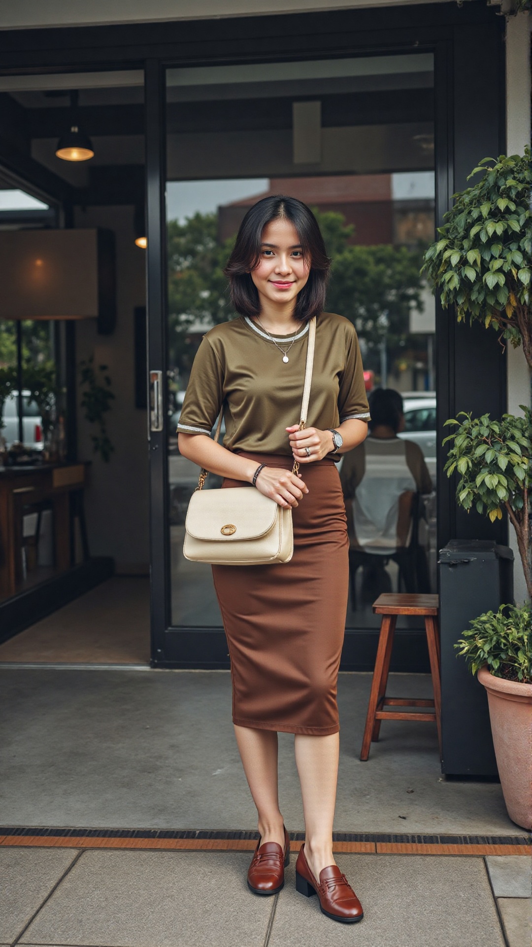 Defined as a model. She is wear an olive tshirts with white collar and brown tight skirts. Stand with her brown loafers an...