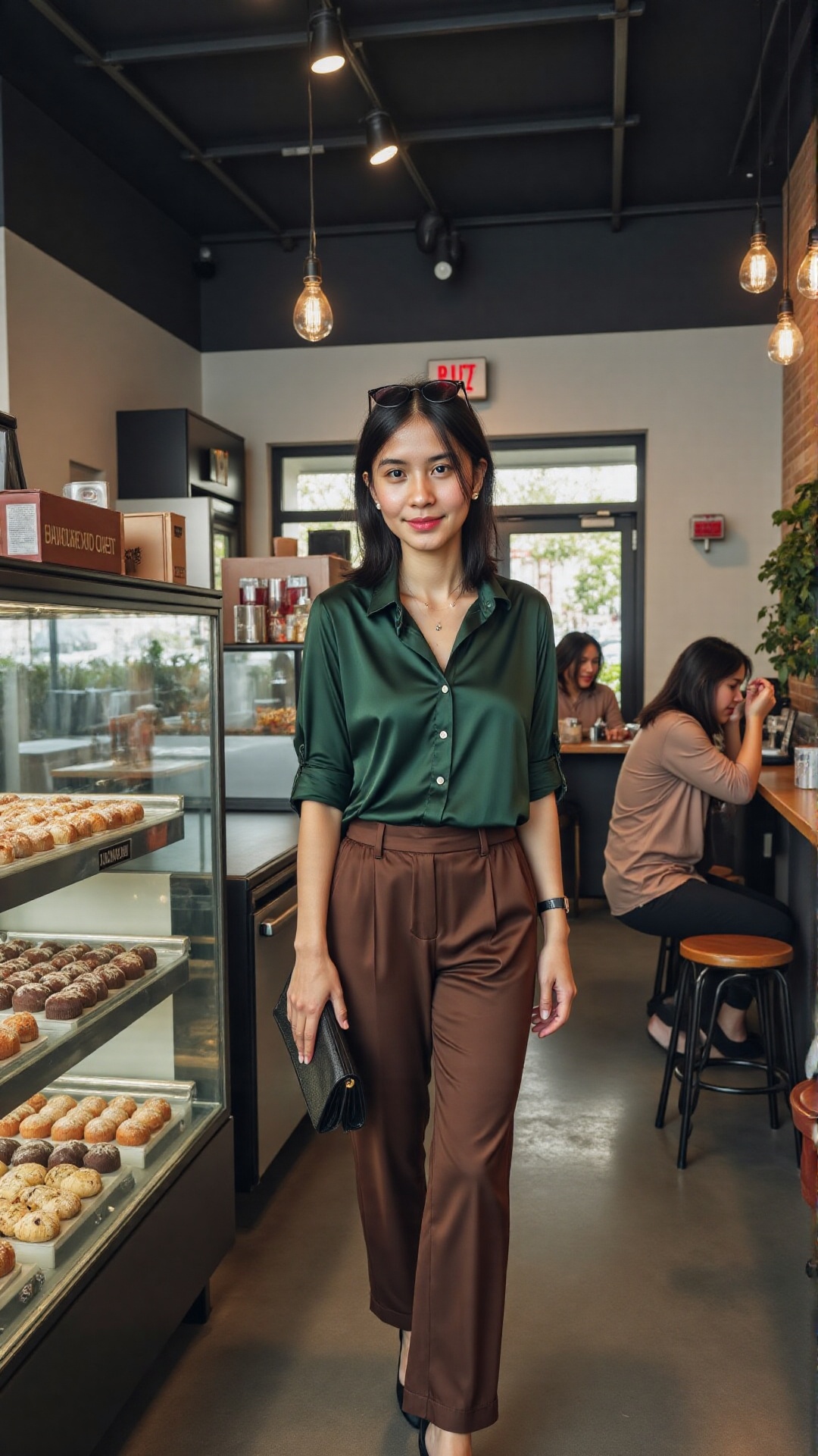 Defined as a model. She is wearing a green silk buttoned shirt and brown long pants. Black high heels and leather clutch b...