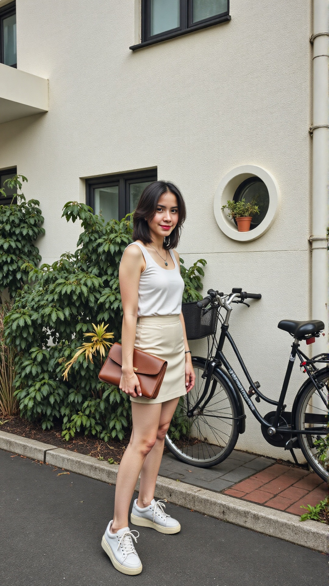 Defined as a model. She is wearing a white tanktop and cream mini skirts with white sneakers. Stand dynamic pose with a br...