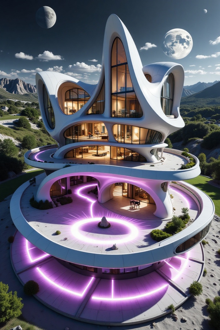 a modern house like a spaceship with beautiful purple lights,  in a beautiful landscape,  at a beautiful moon night on Ten...