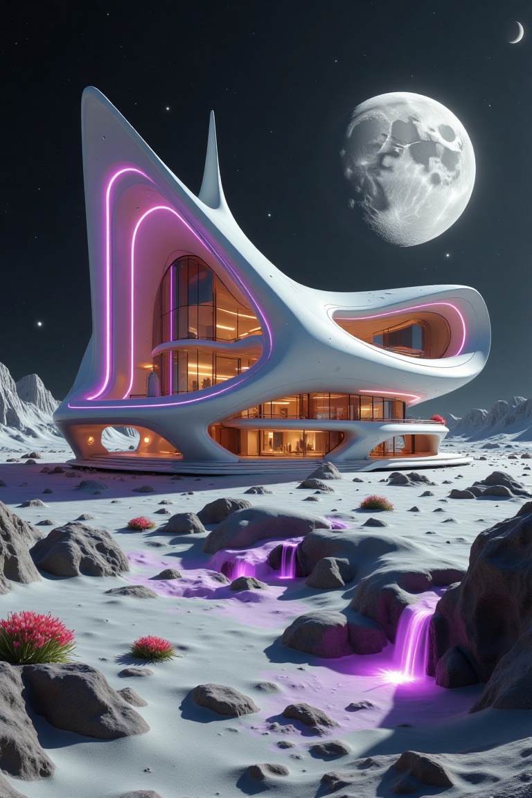 a modern spaceship with beautiful purple lights,  in a beautiful landscape,  at a beautiful moon night on Tensor.Art