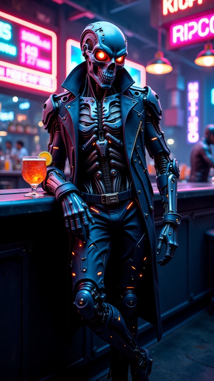 A full-body depiction of a futuristic cyborg with a sleek yet intimidating skull-like face,  standing confidently in a neo...