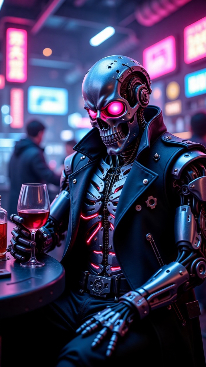 A full-body depiction of a futuristic cyborg with a sleek yet menacing skull-like face,  seated at a neon-lit cyberpunk ba...