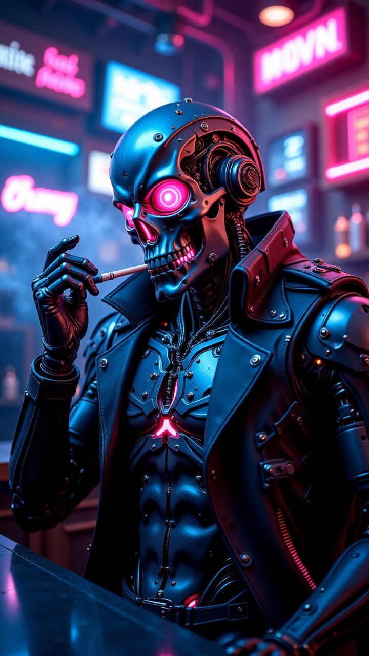A full-body depiction of a futuristic cyborg with a sleek yet menacing skull-like face,  seated at a neon-lit cyberpunk ba...