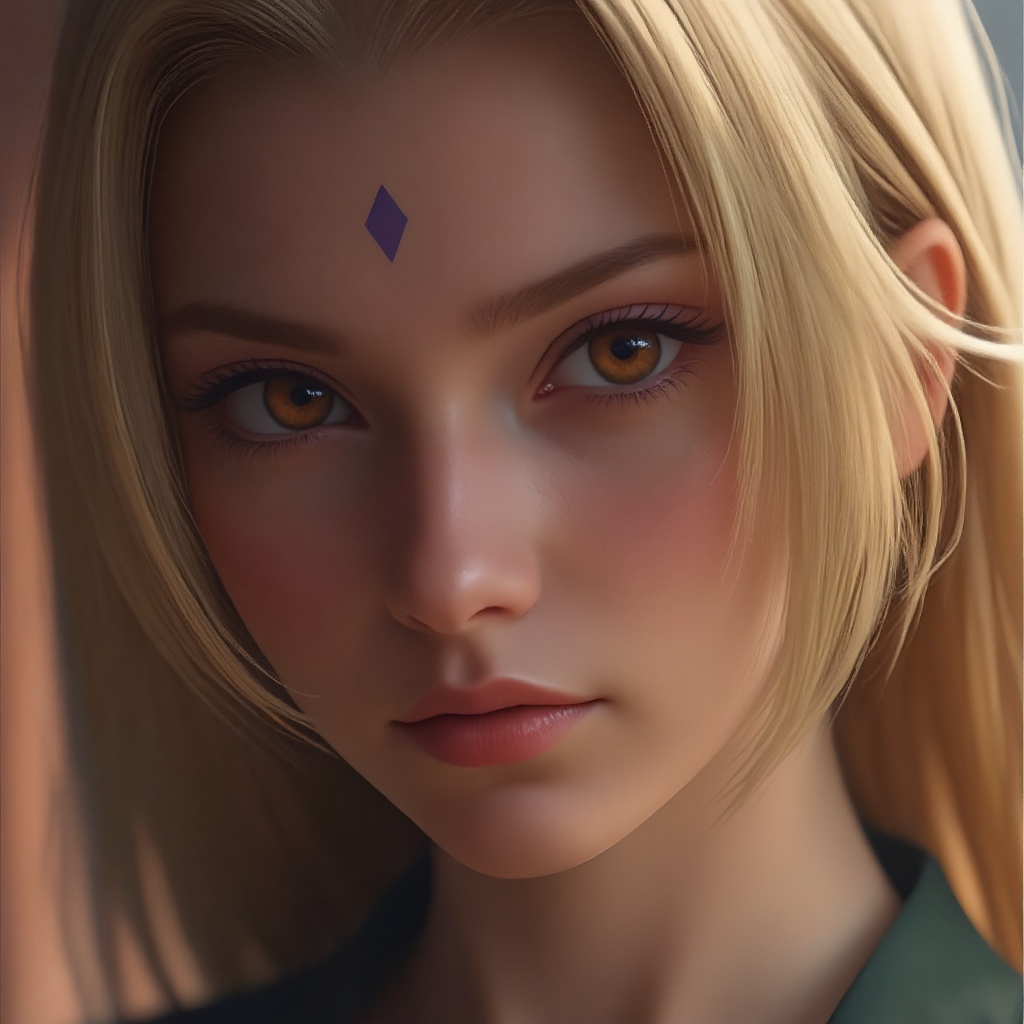 (An ultra-realistic and highly detailed close-up studio photography of Tsunade,  headshot,  straight-on angle.) Tsunade’s...