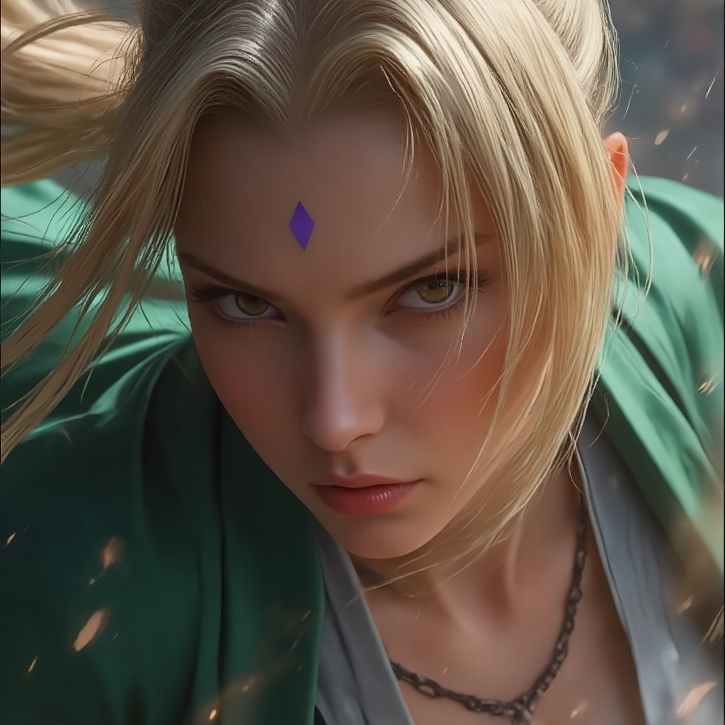 (A highly detailed and realistic action studio photography of Tsunade,  dynamic pose,  slightly blurred motion.) Tsunade s...