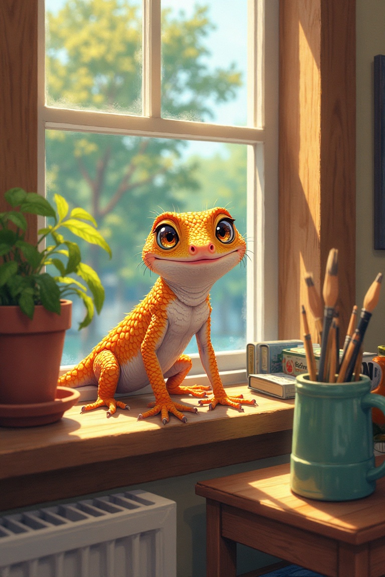 An anime-style illustration depicting a gecko perched curiously on a windowsill inside a cozy home,  framed by soft indoor...