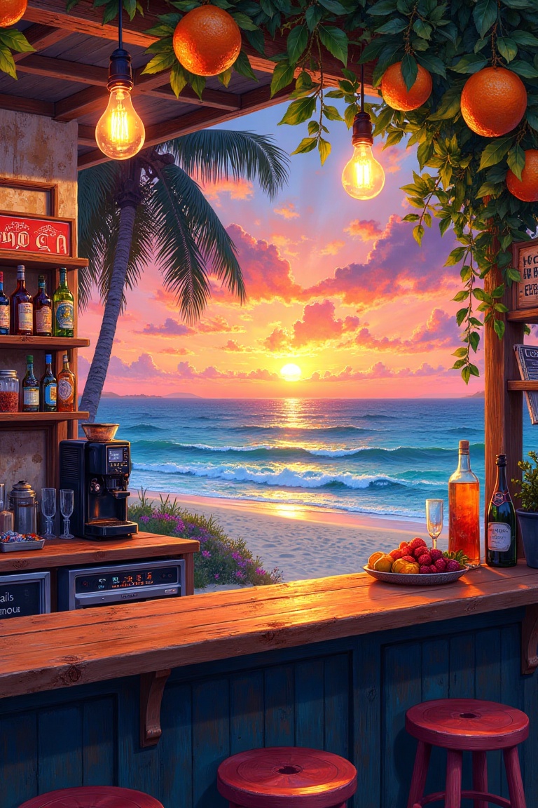 A vibrant painting of a serene beachside bar at sunset,  focusing on the bar counter with bottles and jars on shelves. Han...