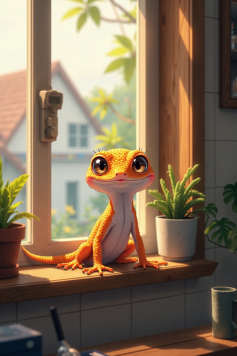 An anime-style illustration depicting a gecko perched curiously on a windowsill inside a cozy home,  framed by soft indoor...