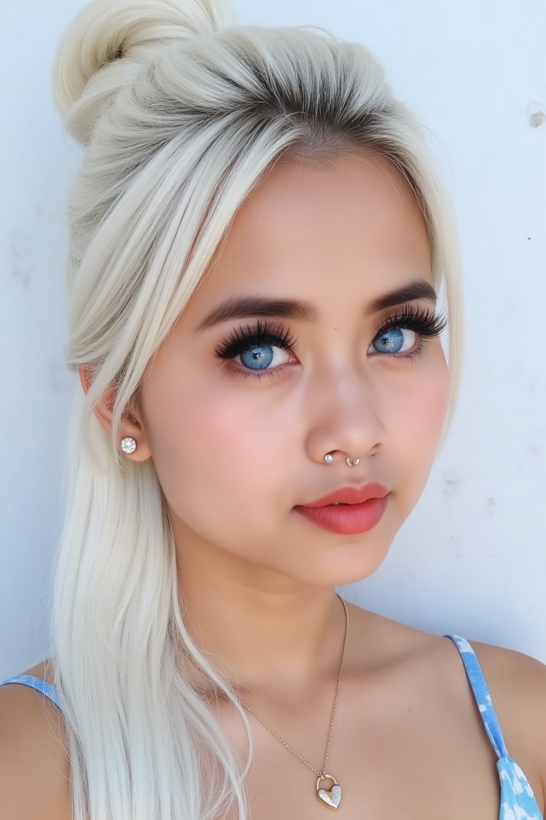 showing an Indonesian girl with long white hair in a bun up,  beautiful face,  make-up on Tensor.Art