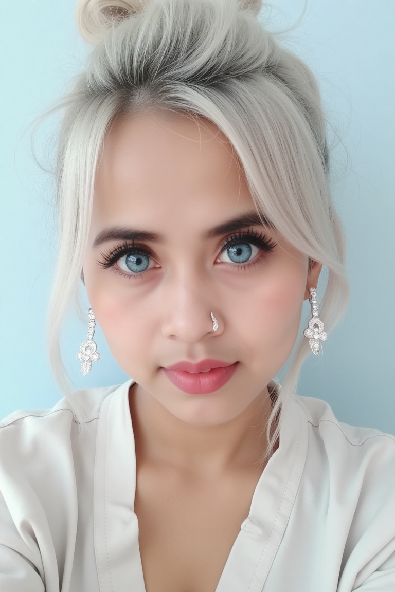 showing an Indonesian girl with long white hair in a bun up,  beautiful face,  make-up on Tensor.Art