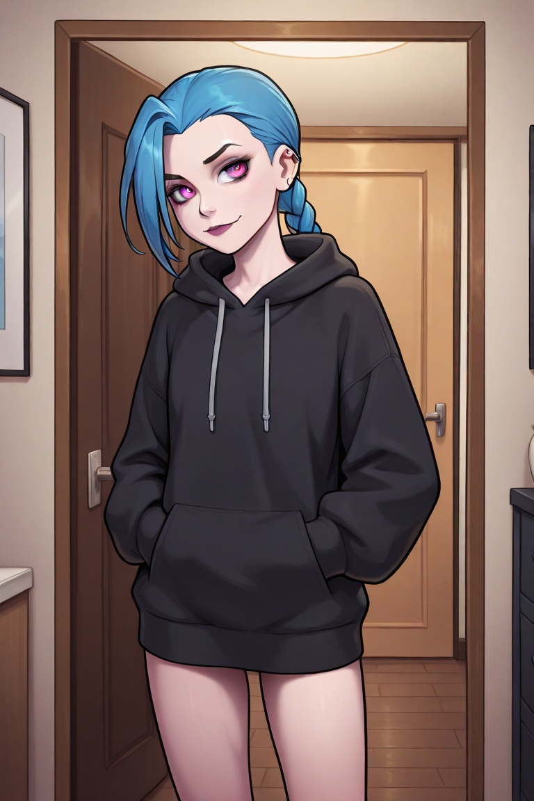 jinx,  wearing a a black hoodie chilling at her room,  front view on Tensor.Art