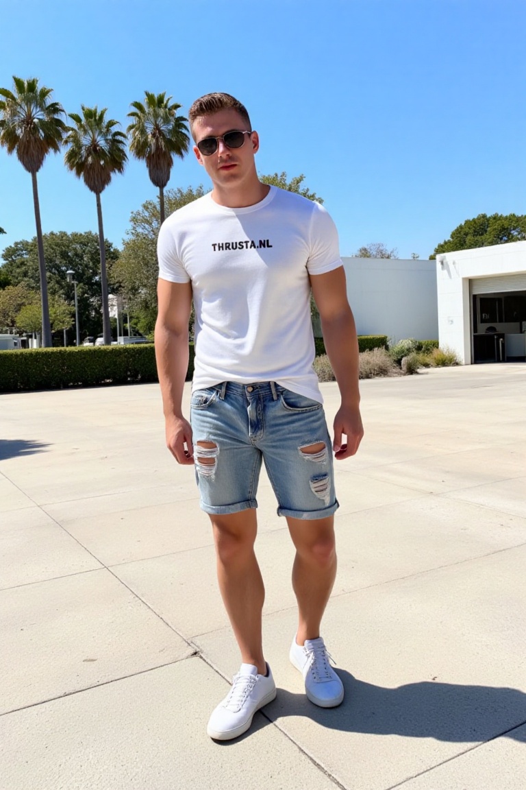 The image shows a man standing outdoors on a paved area. He is wearing a white t-shirt with the text "THRUSTA.NL" printed...