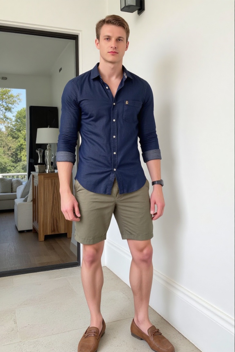 The image shows a man standing confidently in an outdoor setting. He is wearing a navy blue long-sleeve shirt with a butto...