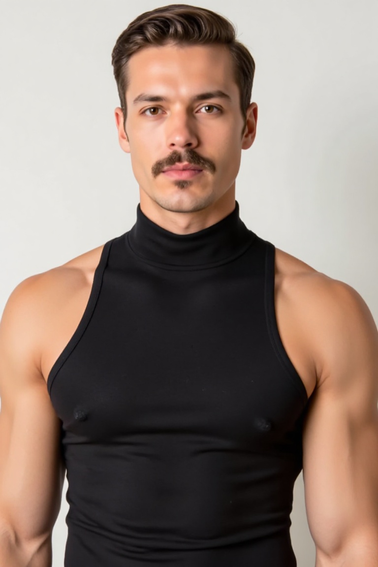 The image depicts a muscular man with a well-defined physique,  wearing a black turtleneck that accentuates his defined mu...