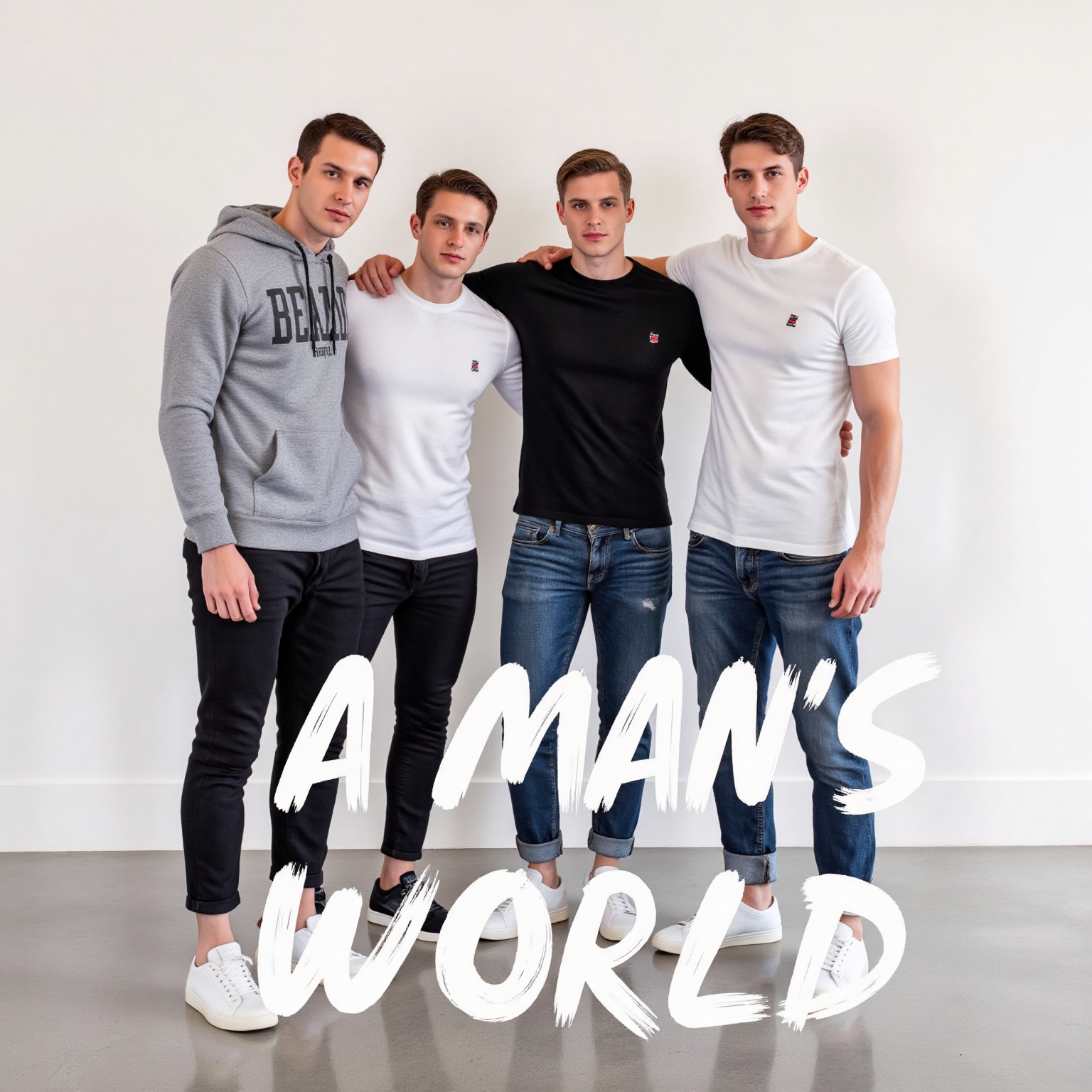 The image shows four individuals standing together,  each dressed in casual clothing. They are wearing a variety of outfit...