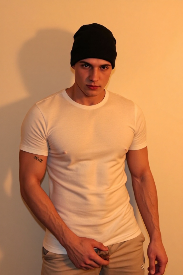 The image shows a person standing against a plain wall,  illuminated by a warm,  soft light that casts shadows on the wall...