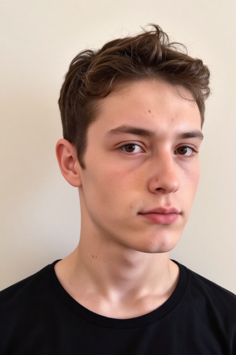 The image shows a young person with short,  dark hair styled in a slightly messy manner. The individual has a light comple...