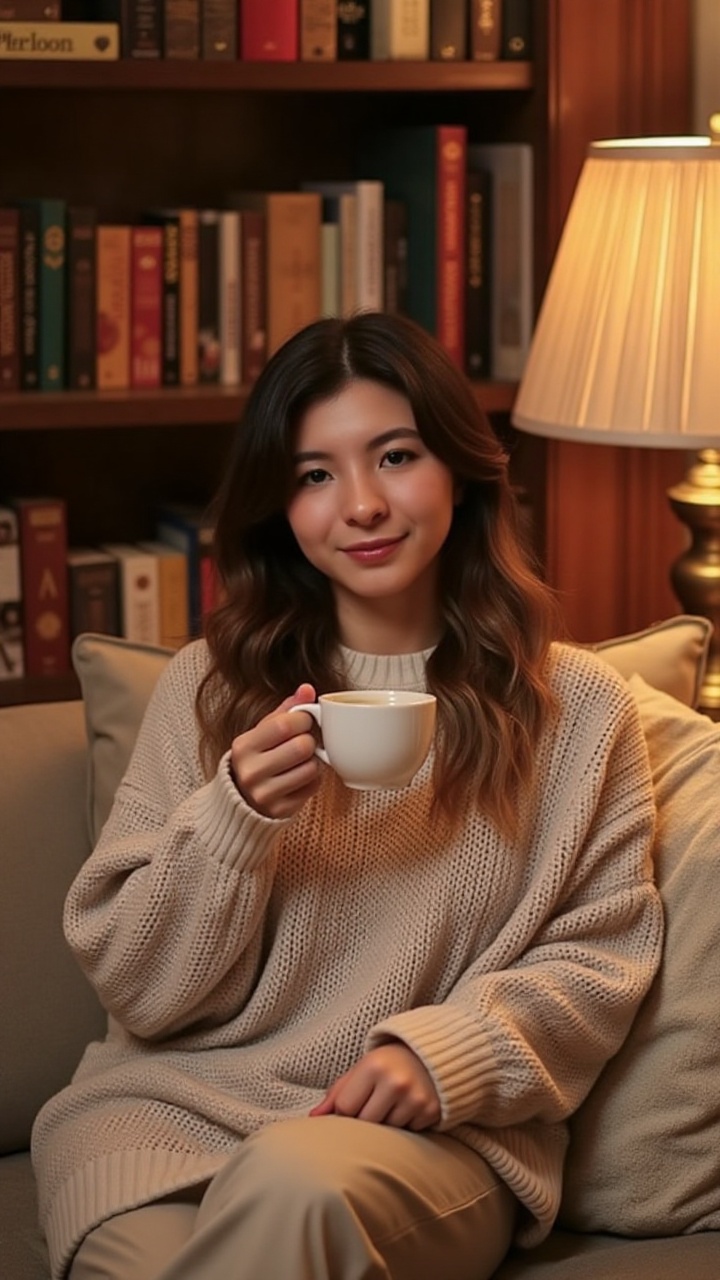 A half-body portrait of a warm and relaxed woman sitting in a cozy reading nook filled with books and soft pillows. She we...