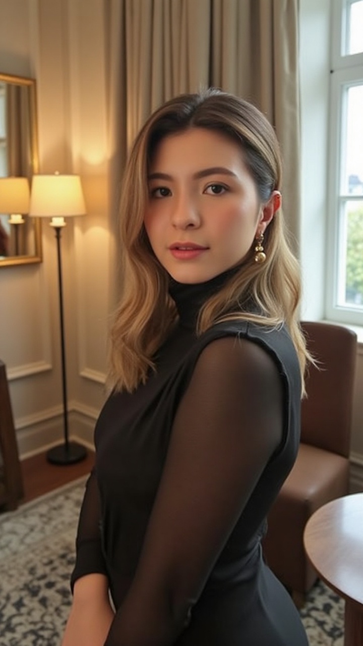 A half-body portrait of a stylish woman posing in a well-lit room. She is elegantly dressed,  with soft,  natural lighting...