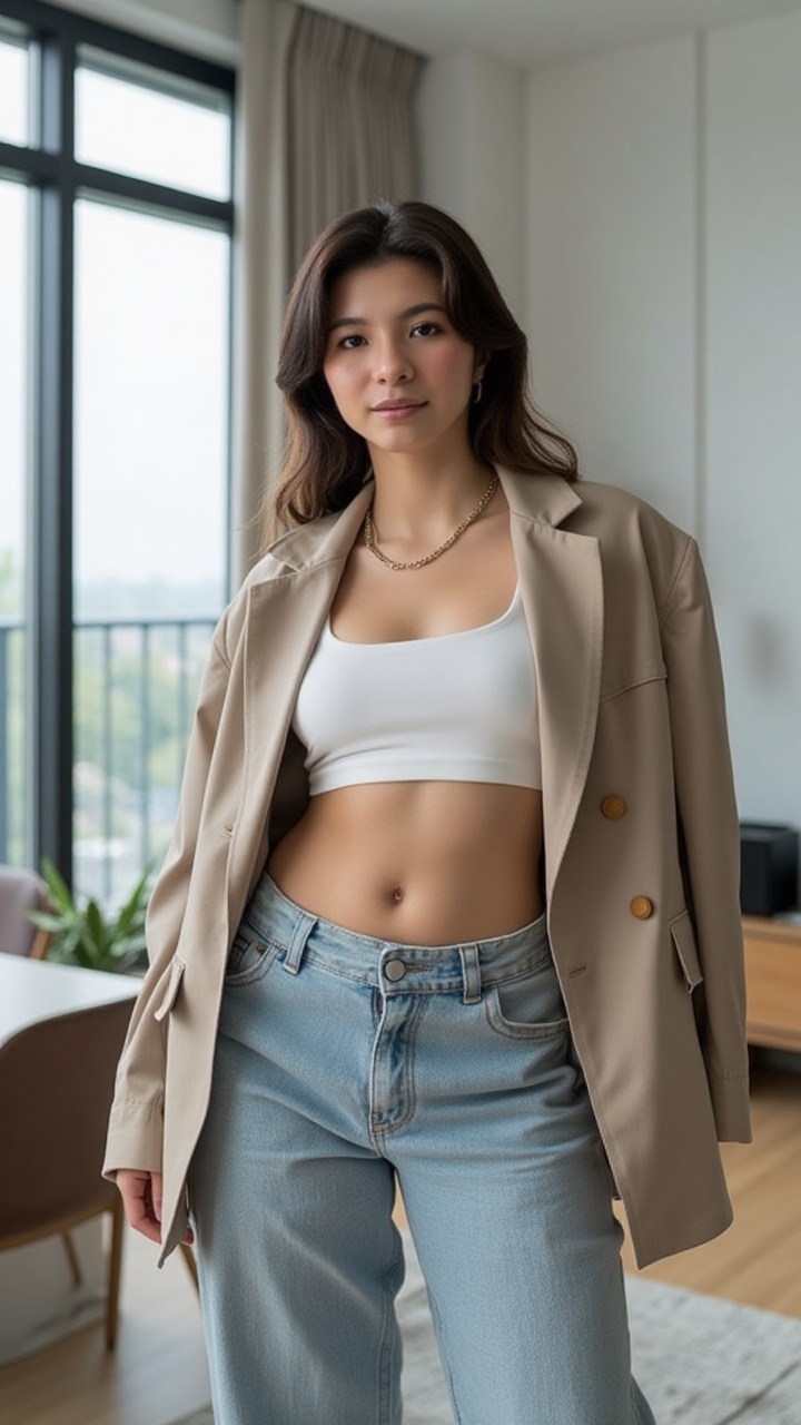 A half-body portrait of a stylish young woman in a modern,  minimalist apartment. She wears a trendy oversized blazer over...