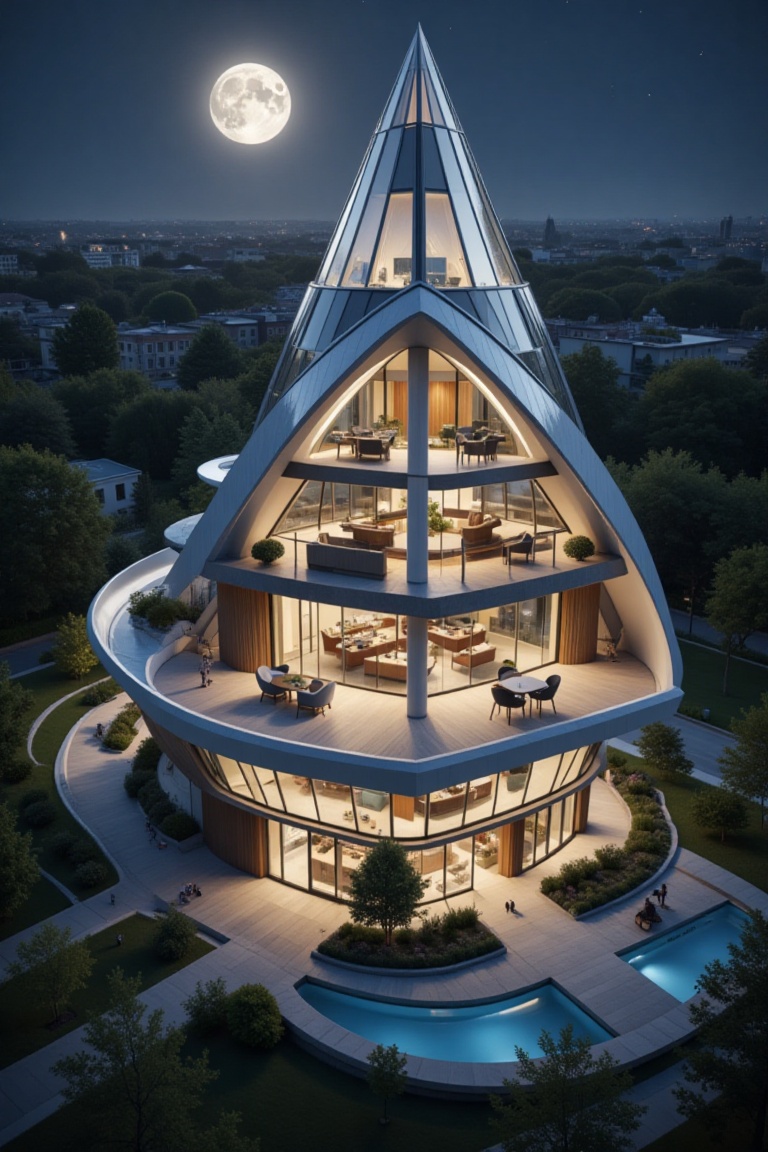Beautiful modern greenhouse section design,  Glass Pyramid on top of the house,  blue light on Tensor.Art