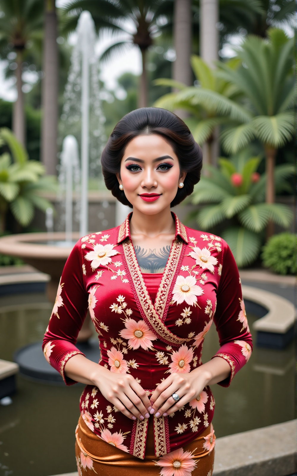 Realistic photo of a beautiful woman wearing a traditional kebaya. With a traditional Javanese hairstyle called "Sanggul"....