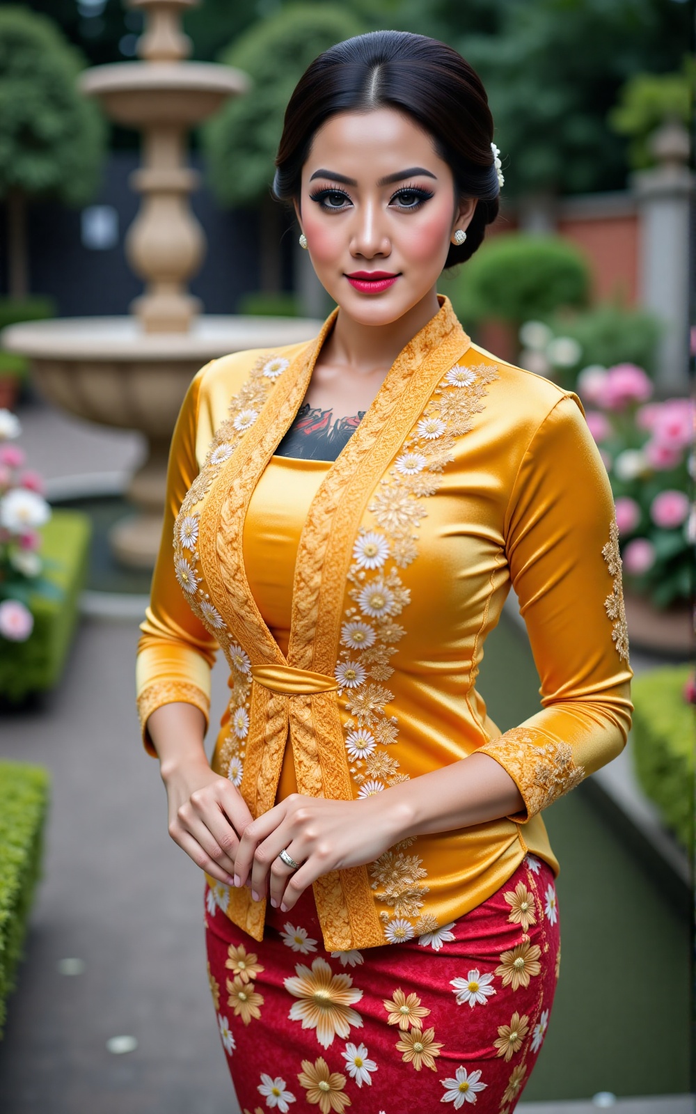 Realistic photo of a beautiful woman wearing a traditional kebaya. With a traditional Javanese hairstyle called "Sanggul"....