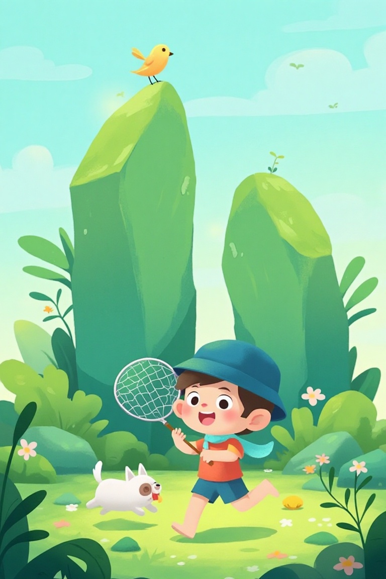 A cheerful scene shows a young boy running energetically with a butterfly net in his right hand, wearing a blue hat, red shirt, shorts, and a blue scarf. A playful white dog with a brown face patch runs beside him, tongue out. In the background, two large green rocks stand out; one holds a yellow bird perched atop, watching the boy. Set in a vibrant green environment filled with plants and flowers, the composition captures excitement and joy. Keywords: boy, dog, bird, butterfly net, green rocks, plants, flowers, playful, lively.