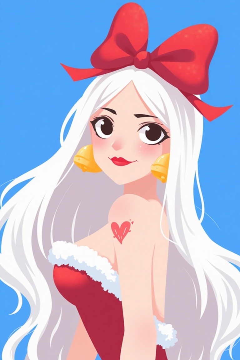 A character with long, flowing white hair and a large red bow atop her head wears a red outfit with white trim, yellow bell-shaped earrings, and a small red heart tattoo on her upper arm. Set against a solid blue background, the composition highlights her vibrant appearance and intricate details. Keywords: white hair, red bow, red outfit, heart tattoo, yellow earrings, blue background.