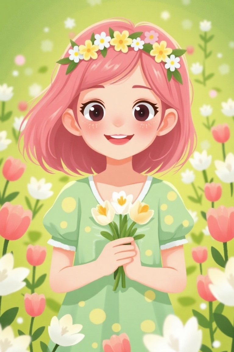 A cheerful girl with shoulder-length pink hair and a flower crown, wearing a light green dress with pastel yellow patterns, holds a small bouquet of tulips. Framed in a soft spring meadow under natural daylight, blooming flowers surround her. The composition focuses on her joyful pose, with vibrant colors and gentle lighting enhancing the scene. Keywords: cheerful girl, pink hair, flower crown, green dress, tulips, spring meadow, blooming flowers.