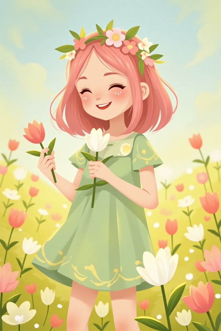 A cheerful girl with shoulder-length pink hair and a flower crown, wearing a light green dress with pastel yellow patterns, holds a small bouquet of tulips. Framed in a soft spring meadow under natural daylight, blooming flowers surround her. The composition focuses on her joyful pose, with vibrant colors and gentle lighting enhancing the scene. Keywords: cheerful girl, pink hair, flower crown, green dress, tulips, spring meadow, blooming flowers.