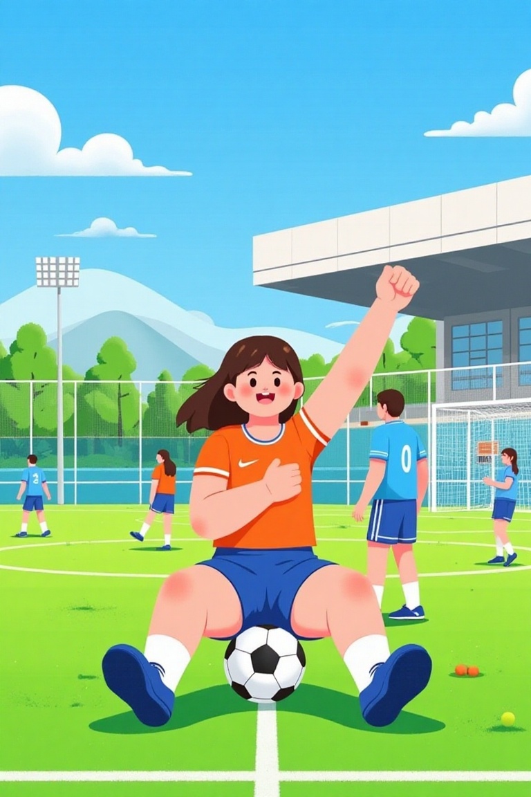 A vibrant illustration of a soccer field with a young girl in an orange jersey and blue shorts sitting on the grass, holding a soccer ball while raising her other hand in a cheerful fist. Other players in blue and orange jerseys play in the background. A fence surrounds the field, with a large white-roofed building nearby. Blue skies, green trees, and distant hills complete the lively scene. Keywords: soccer field, girl, orange jersey, ball, players, fence, building, trees, hills, energy.