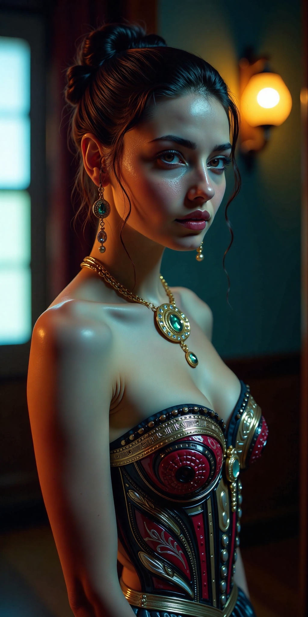 The entire image is shot with an ARRI Alexa XT cinematic camera,  rendering every detail of her body and costume in ultra-...