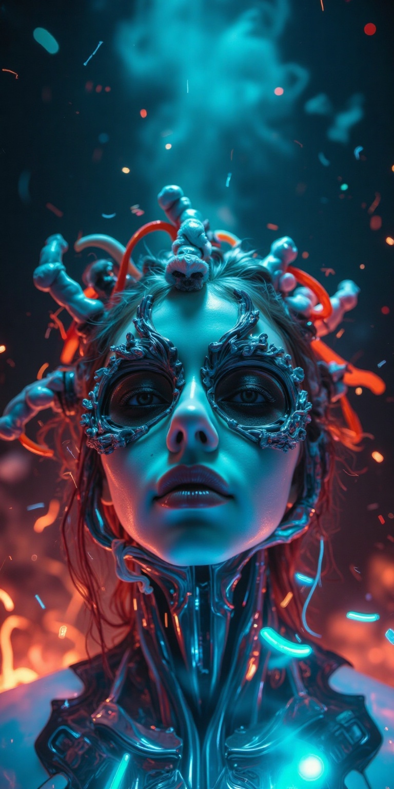Her face is filled with furry a serene mask of intertwined organic symmetrical tendrils and embers,  embodying the essence...