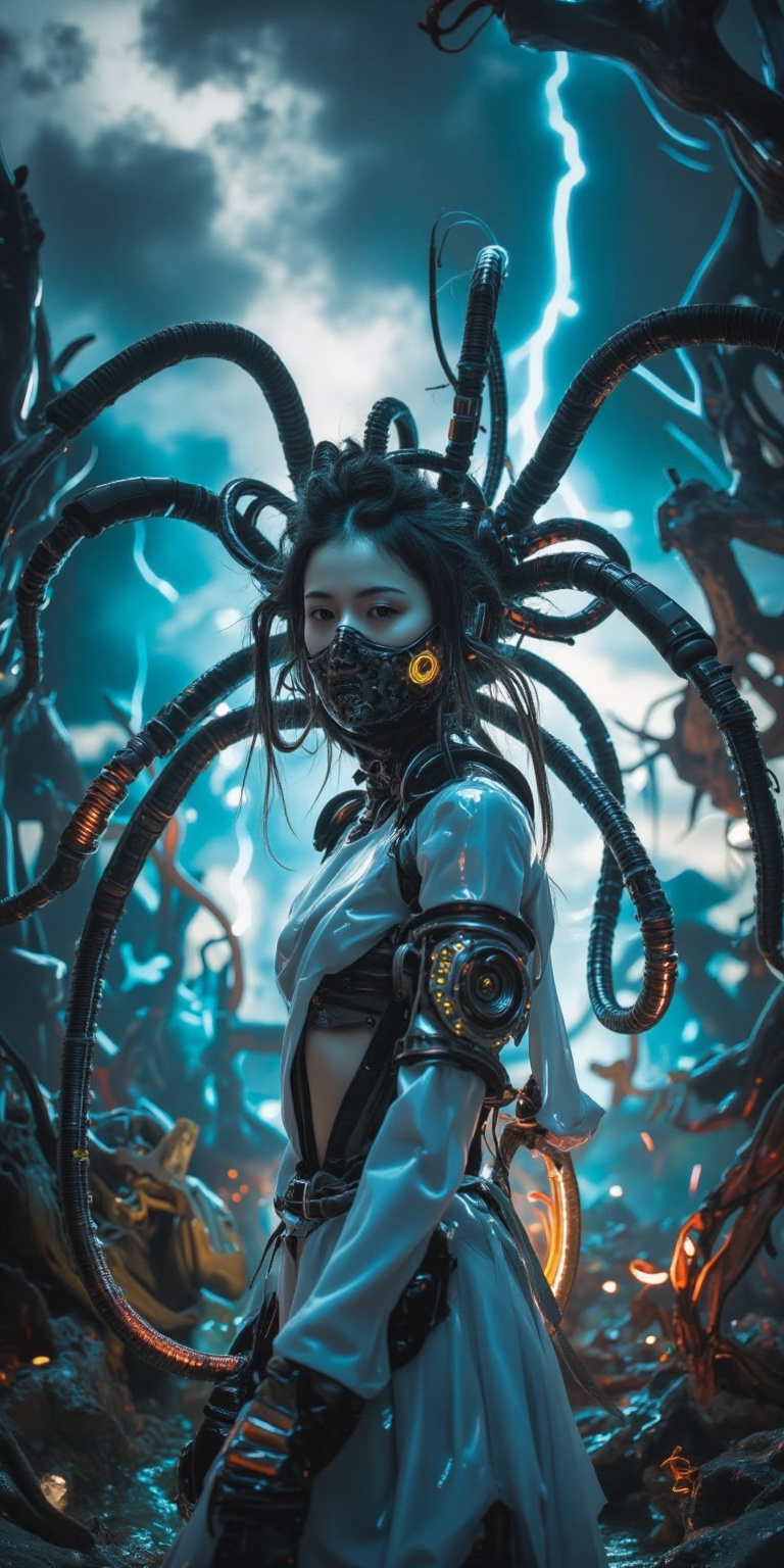 A breathtaking full-body shot of a cyberpunk,  gothic,  biomechanical Indian geisha shaman woman on Tensor.Art